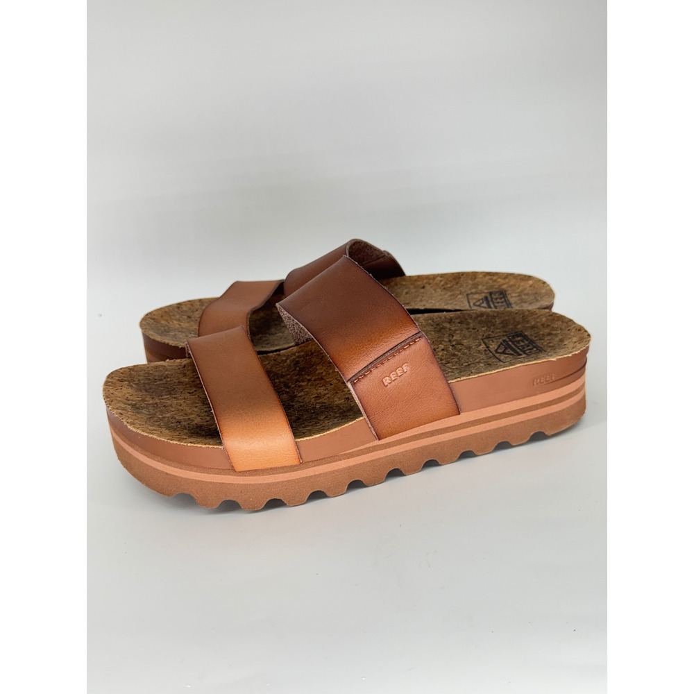 Reef Women Cushion Vista Hi Slide Sandal Natural Brown Cognac Size 8 Excellent